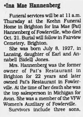 Pats Restaurant - Oct 24 1990 Former Owner Passes Away